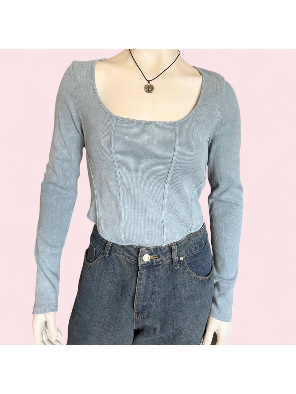 H&M Light Blue Ribbed Corset Seam Bustier Cropped Top NWT Size L